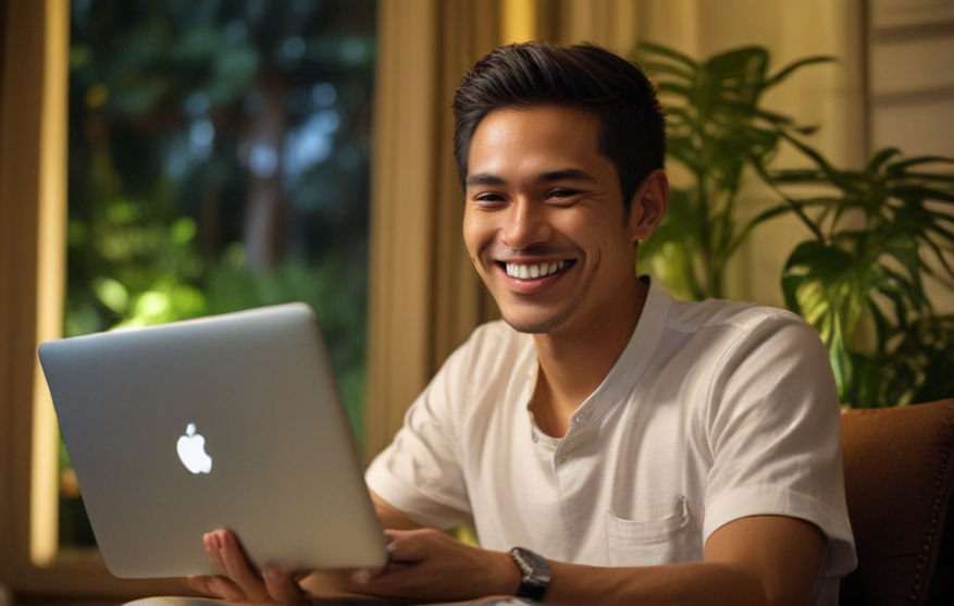An Indonesian man smiles at laptop, surrounded by serene greenery.