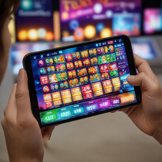 A person browsing online lottery games on a smartphone, the screen glowing with vibrant colors.