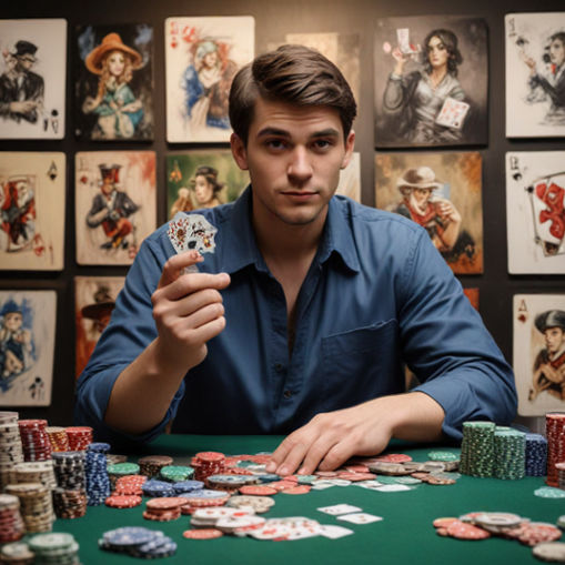 A poker player, surrounded by canvases and brushes, holds poker chips in one hand.