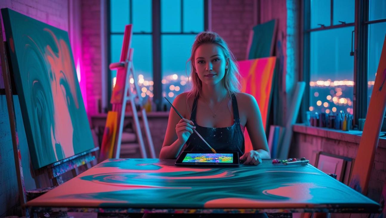 Artist painting at night while drawing inspiration from a colorful slot game.