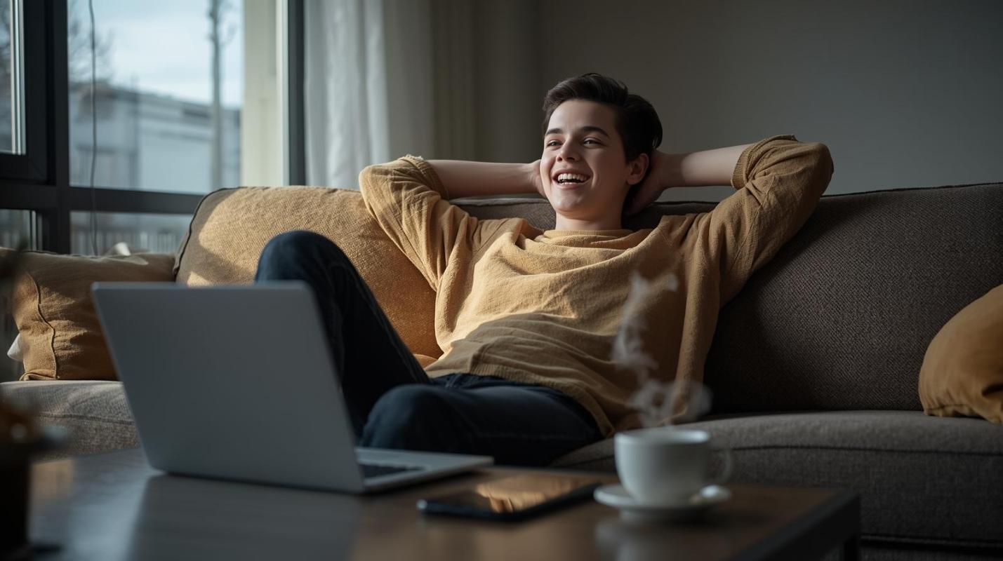 Young adult betting responsibly at home with laptop, coffee, and relaxed atmosphere.
