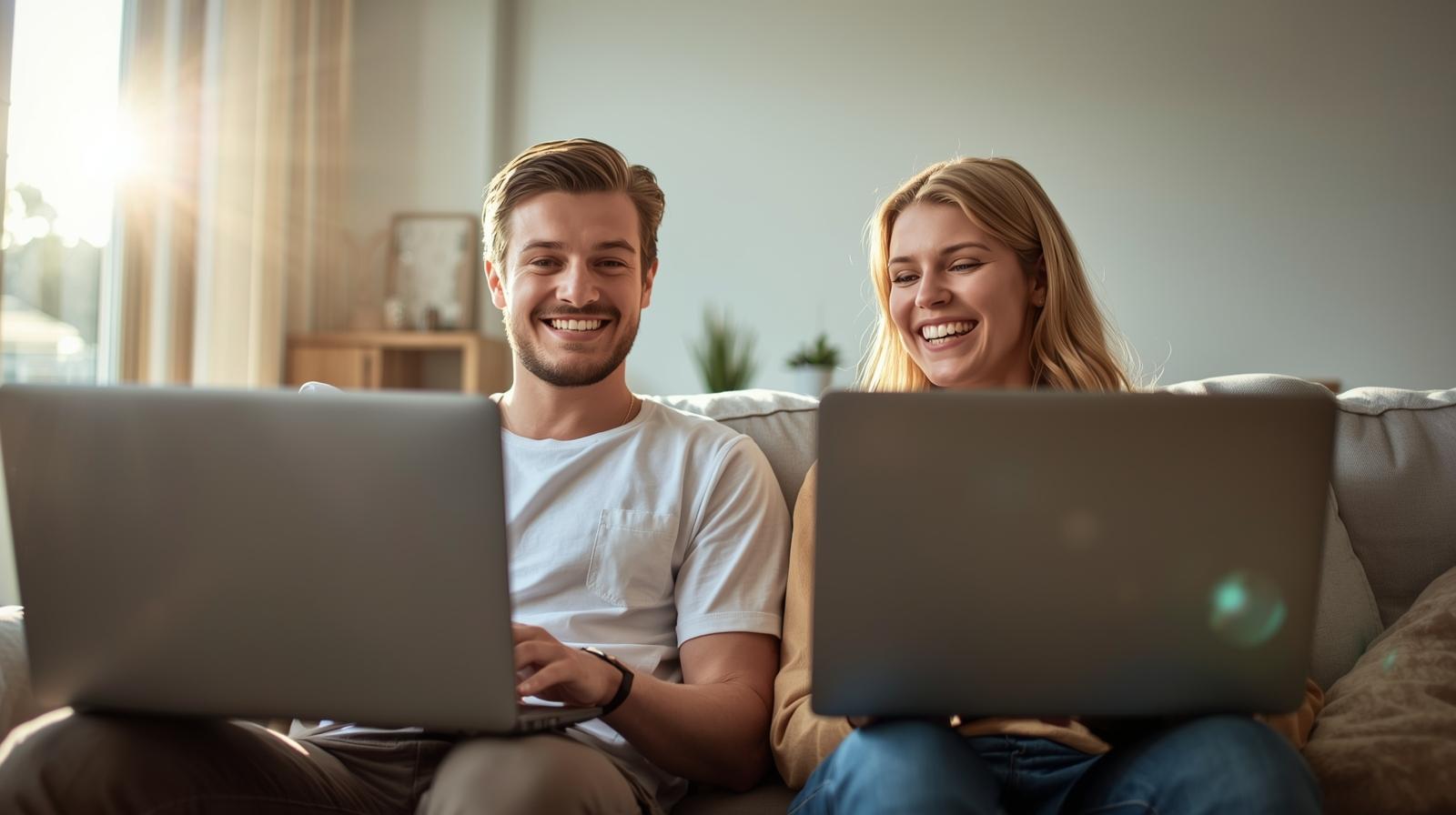 Two Norwegians happily playing online casino games in a bright, cozy living room.