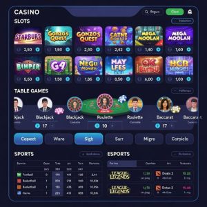 integrated online casino showing slots, table games, sports, and esports odds