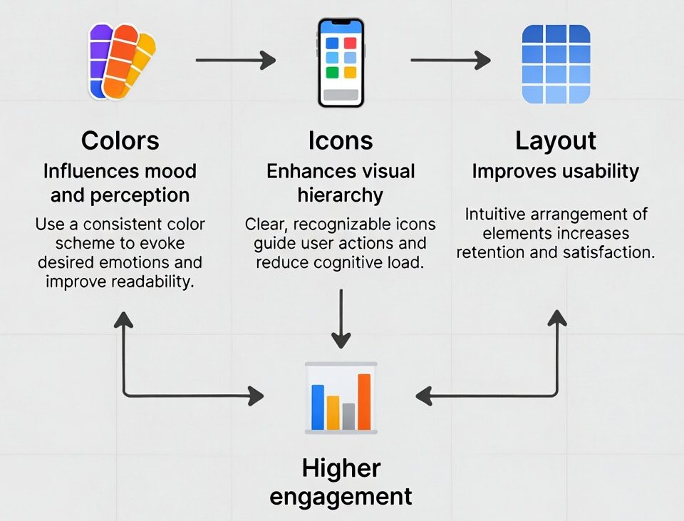 influence of colors, icons, and layout on user engagement in a mobile app
