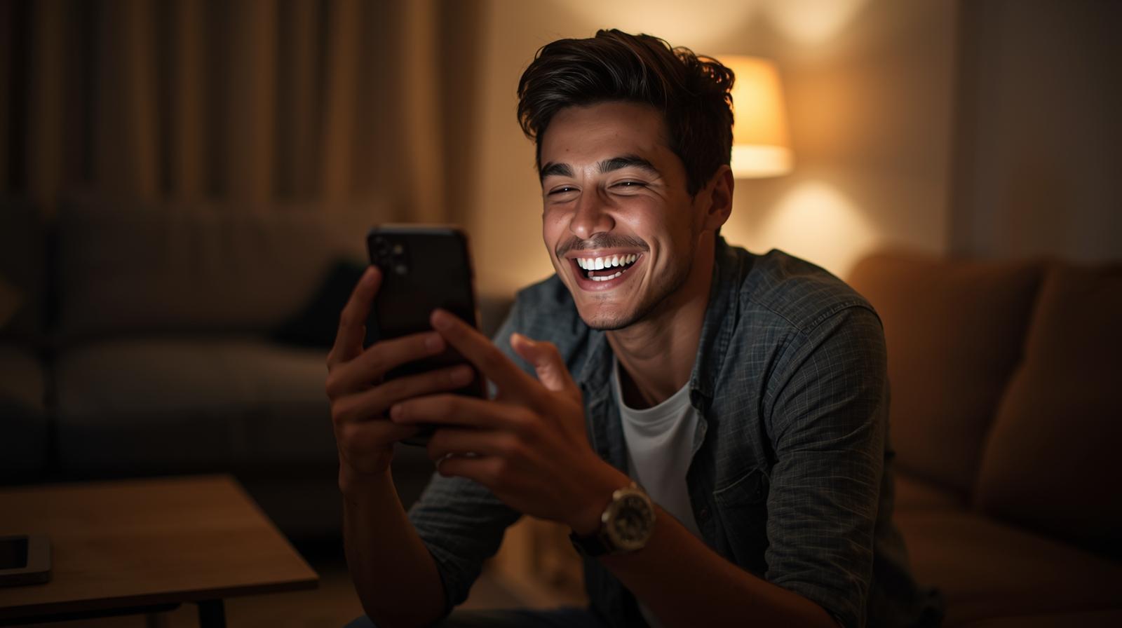 Excited man smiling at smartphone after online win in bright cozy living room scene.