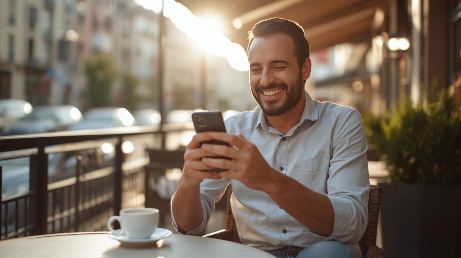 Smiling man enjoying online casino game on smartphone outdoors.